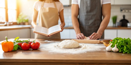 In a sunlit kitchen, a couple collaborates to make homemade pizza. One person reads a cookbook while...