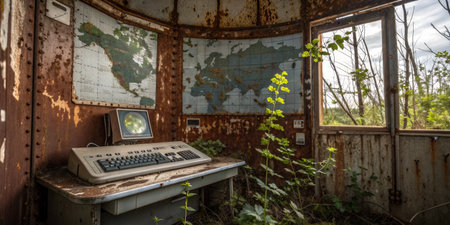 An old control room shows signs of decay with rusted walls and maps. A dusty computer sits on a table surrounded by overgrown plants and sunlight filtering through the windows.の写真素材