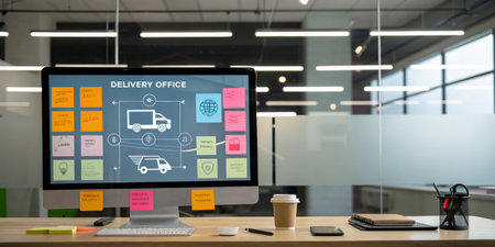 In a modern office space, a desktop computer displays a delivery management system, surrounded by colorful sticky notes and a coffee cup, creating a productive work atmosphere.の写真素材