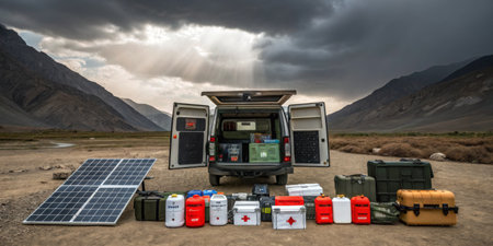 A vehicle stands parked in a remote mountain area, featuring open doors, showcasing emergency...