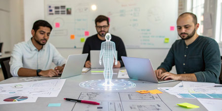 Three professionals are engaged in a collaborative session at a modern workspace, focusing on laptops while a holographic figure appears above a table filled with documents and notes.の写真素材