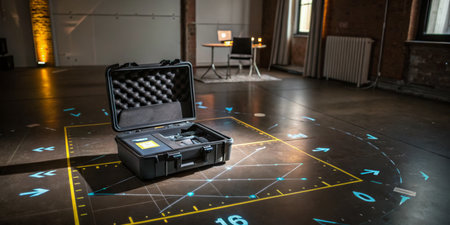 A high-tech environment showcases a black case with equipment resting on a polished floor marked...