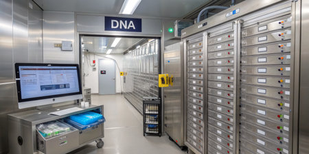 A modern laboratory features a secure storage area for DNA samples, equipped with metallic cabinets,...