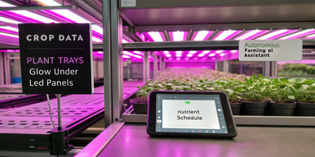 Indoor farming setup showcases plant trays glowing under bright LED panels. A tablet displays the...