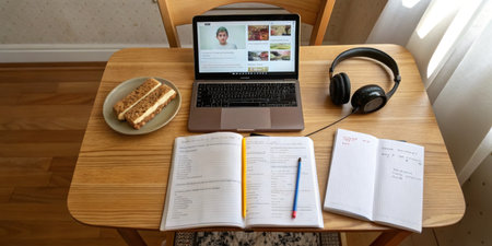 A cozy workspace features a laptop displaying educational content, notebooks for notes, headphones...