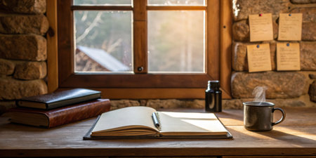 A serene workspace features an open notebook on a wooden table beside a steaming coffee mug. Sunlight filters through the rustic window, illuminating the stone walls and nearby books.の写真素材