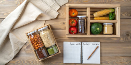 Fresh vegetables and jars filled with ingredients are neatly arranged in wooden containers. A...