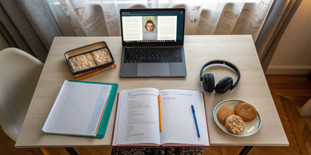 A student is engaged in a study session at home during the afternoon, surrounded by textbooks, a...