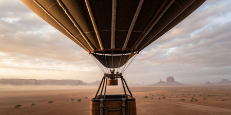 A hot air balloon gracefully ascends above a vast desert landscape at dawn. The soft light...