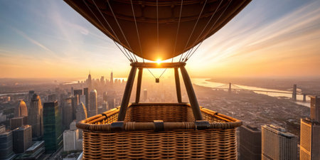 A hot air balloon glides gracefully above a city skyline at sunrise, with the sun casting a warm glow over buildings and a river, creating a breathtaking panoramic view.の写真素材