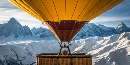 A vibrant hot air balloon floats gracefully over stunning snow-covered peaks, capturing the beauty of nature at dawn. The serene landscape unfolds below, highlighting its grandeur.の写真素材