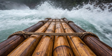 A sturdy bamboo raft navigates rough waters, splashing against the current. Lush green mountains provide a vibrant backdrop under a setting sun, creating an adventurous atmosphere.の写真素材