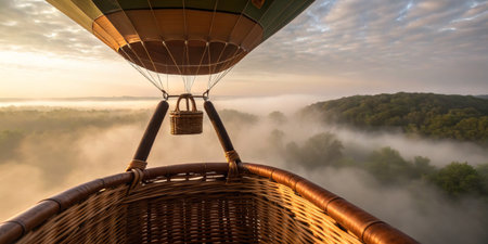 A colorful hot air balloon ascends gracefully over a tranquil forest shrouded in morning mist. The warm colors of dawn illuminate the landscape, creating a serene atmosphere filled with adventure.の写真素材