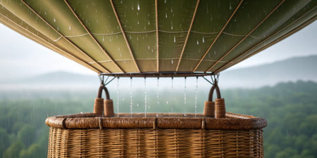 Rain falls from the sky onto the woven basket of a hot air balloon situated high above a verdant landscape. Storm clouds loom, creating a dramatic atmosphere during the flight.の写真素材