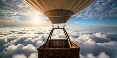 A hot air balloon drifts peacefully high above a vast sea of clouds. The sun rises, casting warm light over the landscape, creating a serene and picturesque atmosphere.の写真素材