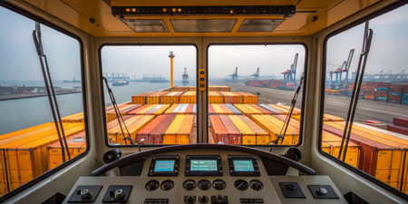 The cabin of a cargo ship offers a view of a bustling port filled with stacked containers and cranes...
