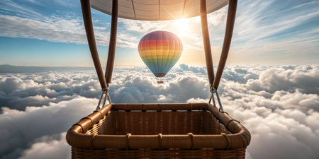 A vibrant hot air balloon ascends through fluffy clouds at sunrise, creating a beautiful contrast against the sky. The tranquil setting evokes a sense of adventure and freedom.の写真素材