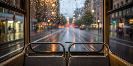 Evening rain creates reflections on the pavement as seen through the bus window. Flashing city lights and raindrops enhance the urban atmosphere during dusk.の写真素材