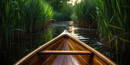 A wooden canoe smoothly glides through a serene waterway surrounded by tall green reeds, reflecting the warm hues of the setting sun on the water's surface.の写真素材