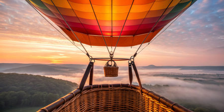 A colorful hot air balloon rises gently into the sky at dawn, revealing a stunning panorama of valleys shrouded in morning mist.の写真素材