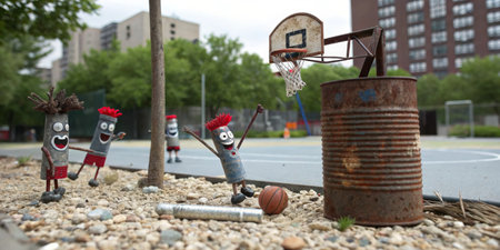 Metal characters with fun designs celebrate a thrilling basketball game near a rusty barrel at an...