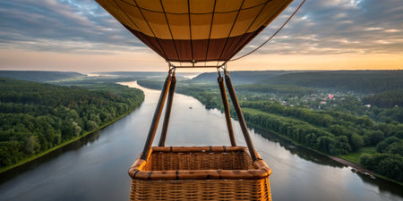 Riding in a hot air balloon over a tranquil river valley during sunset offers stunning views of lush forests and winding waterways. The vibrant colors create a serene atmosphere.の写真素材