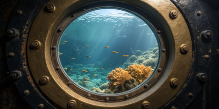 Bright rays of sunlight penetrate the water, illuminating a colorful coral reef as small fish swim around. The view framed by a circular metal porthole adds depth to the scene.の写真素材