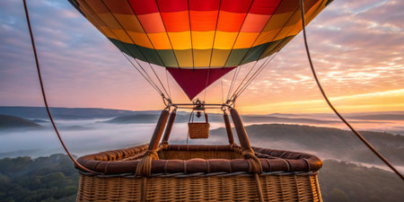 As dawn breaks, a vibrant hot air balloon ascends above a serene, mist-covered landscape. This moment captures the thrill of adventure and stunning nature views.の写真素材