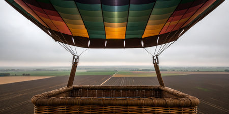 A colorful hot air balloon drifts high above expansive green fields under a cloudy sky. The tranquil...