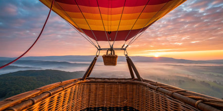 A colorful hot air balloon floats gently above mist-covered hills as the sun rises, casting warm light over the scenic landscape below. It's a serene and awe-inspiring experience.の写真素材