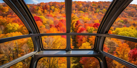 A gondola provides a breathtaking view of vibrant autumn foliage as trees display brilliant hues of red, orange, and yellow. The scene captures nature's tranquility and seasonal beauty.の写真素材