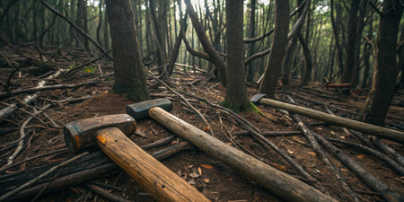 In a dimly lit forest, two sturdy axes rest on the forest floor among fallen branches and scattered leaves, suggesting recent activity yet leaving an air of stillness, typical of early morning.の写真素材