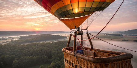 A colorful hot air balloon drifts above lush green valleys as the sun rises, casting warm light over the fog-covered landscape. The serene atmosphere creates a perfect morning adventure.の写真素材