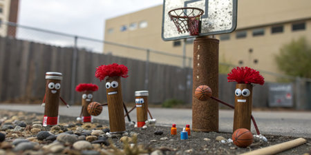A group of whimsical wooden figures with playful hairstyles engages in a lively basketball game on a gravel court in a city environment, showcasing imagination and fun.の写真素材
