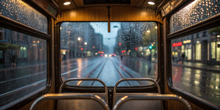 Inside a retro tram, raindrops create a blurred view of a wet city street. Colorful lights reflect on the pavement as people walk by on a gloomy evening.の写真素材