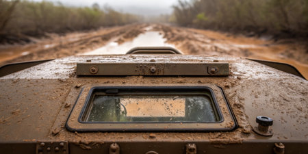A military vehicle is seen from the front, struggling in muddy conditions along a pathway surrounded by trees. Overcast skies add to the challenging environment.の写真素材