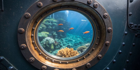 A vibrant underwater scene observed through a circular porthole features various fish swimming around a coral reef. Sunlight filters through the water, illuminating the marine life.の写真素材
