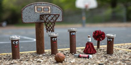 Miniature basketball court features road spikes as players and a hoop made from a scrap piece. Bright colors and whimsical design add a playful touch to an outdoor sports location.の写真素材