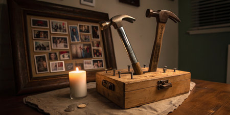 Two hammers rest on a wooden box filled with screws, next to a flickering candle and a framed...