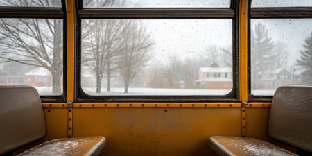 A school bus sits empty on a snowy morning. Flakes fall gently outside, covering the ground and trees in a serene winter landscape while the bus interior remains warm and inviting.の写真素材
