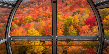 A gondola provides a stunning perspective of fall colors in a mountainous area. The landscape showcases a variety of warm hues, creating a picturesque autumn panorama.の写真素材