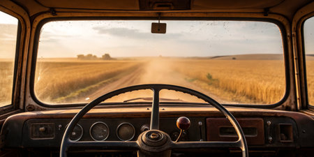 A driver navigates a dusty dirt road surrounded by golden wheat fields. The warm hues of sunset illuminate the landscape, creating a serene and picturesque rural atmosphere.の写真素材