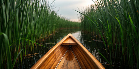 A wooden canoe navigates through a serene marsh where tall reeds grow on either side. The soft glow of dusk creates a peaceful atmosphere as the water ripples gently.の写真素材