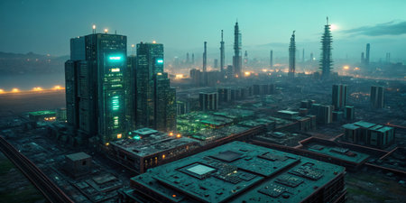 Amidst a twilight setting, towering skyscrapers dominate the skyline, their lights reflecting on nearby structures. An industrial atmosphere enhances the futuristic vibe of this cityscape.の写真素材