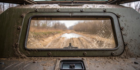 View from the interior of an off-road vehicle looking out onto a muddy trail. Wet conditions create splashes on the rear window as the vehicle navigates through a rustic landscape.の写真素材