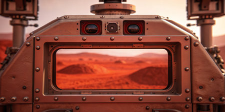 A habitat on Mars displays a large window framing the planet's reddish terrain under a warm glow from the setting sun, with distant hills adding to the alien landscape.の写真素材