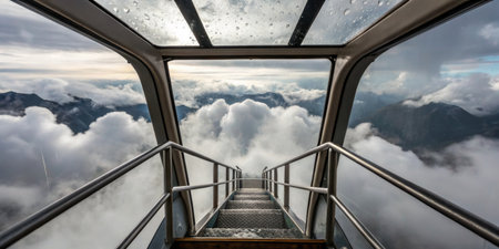 A clear glass stairway descends into a sea of fluffy clouds, offering breathtaking views of nearby mountains under a dramatic sky filled with gray clouds.の写真素材