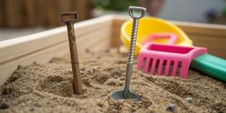 Children's play area features a wooden sandbox with various small digging tools partially buried in golden sand during a bright afternoon.の写真素材