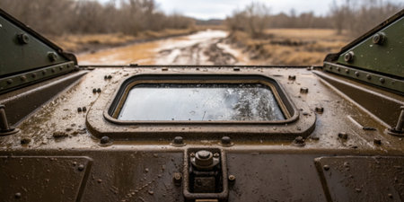 The vantage point reveals the interior of a military vehicle as muddy terrain stretches ahead. Itâs early morning and the atmosphere is calm despite the rugged surroundings.の写真素材
