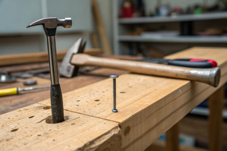 A skilled craftsman arranges tools on a wooden workbench in a workshop. A hammer is poised above a...